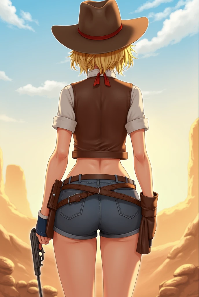 (rear view, backside view),(masterpiece, best quality:1.4), absurdres, highres, ultra detailed, beautiful, 1girl, (cowboy, cowboy western, cowboy hat:1.4), (big tits:1.4) (perfect face, detailed face, beautiful:1.3), (blue eyes, golden hair, bangs, hair intakes, short hair), (natural breasts, cleavage), collarbone, brown vest ,collared shirt, fingerless gloves, gloves, hat, navel, neckerchief, red neckerchief, revolver, short shorts, shorts, thick thighs, thighs, multiple belts, (desert:1.4), Info