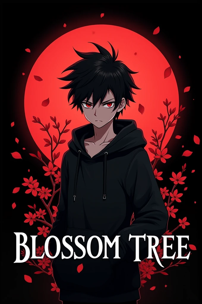 A logo features a stylized anime boy with black spiky hair and red eyes wears a black hoodie. They are positioned in the center of the image, with a red sun or moon in japanese style behind them with smaller red blossom perals scattered around them, and black background. The character's eyes are narrowed and they have a determined expression. The words "BLOSSOM TREE" are written in white, stylized letters, over the character's shoulder. The image has a dark and mysterious feel, with a hint of danger. The red sun and the falling petals create a sense of romance and beauty, while the character's expression suggests a sense of power and control.