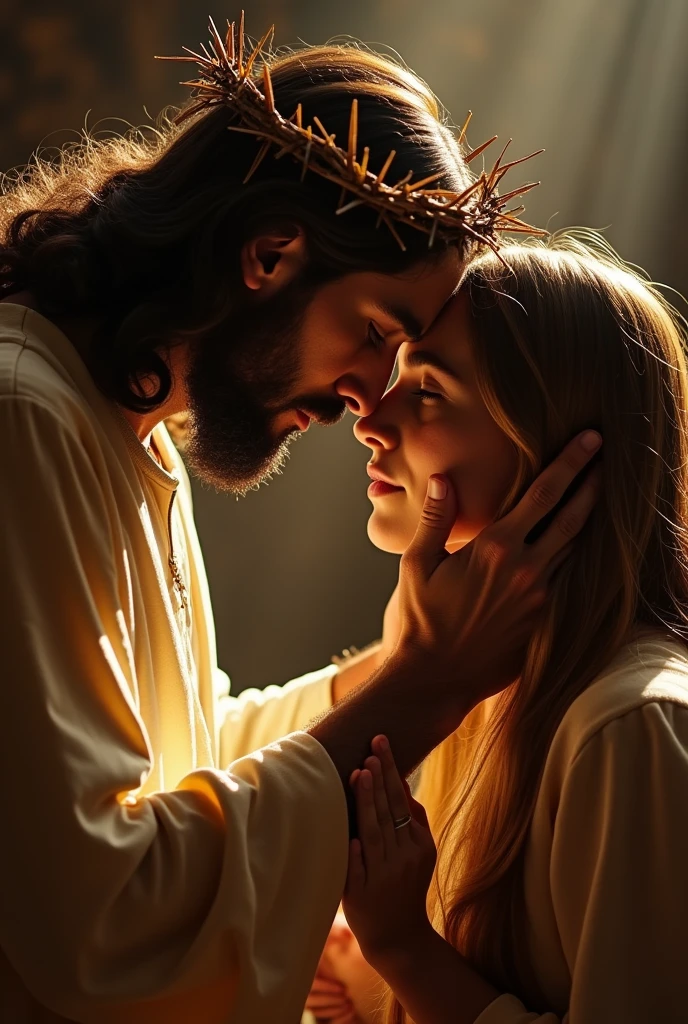 "A solemn image of Jesus Christ wearing a crown of thorns, gently placing His hand on the head of a person who is praying. The person is bowing their head in deep prayer, with a peaceful and reverent expression. Jesus exudes compassion and divine presence, and the background is softly lit, creating a warm and sacred atmosphere."