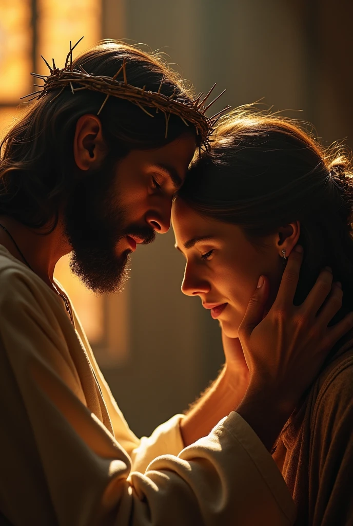 "A solemn image of Jesus Christ wearing a crown of thorns, gently placing His hand on the head of a person who is praying. The person is bowing their head in deep prayer, with a peaceful and reverent expression. Jesus exudes compassion and divine presence, and the background is softly lit, creating a warm and sacred atmosphere."