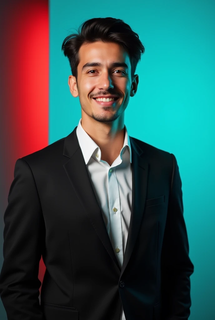 A young man with dark hair and a confident smile.G He is dressed in a black blazer over a white shirt. The man is positioned against aqua colour backdrop with a subtle red lighting on the left side.and he posing for LinkedIn profile