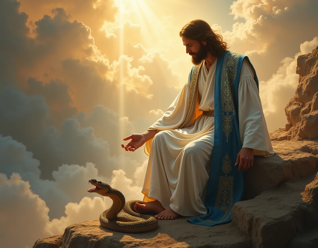 Jesus Christ clothed in a blue priestly stole with his foot arched forward stepping on the head of a serpent