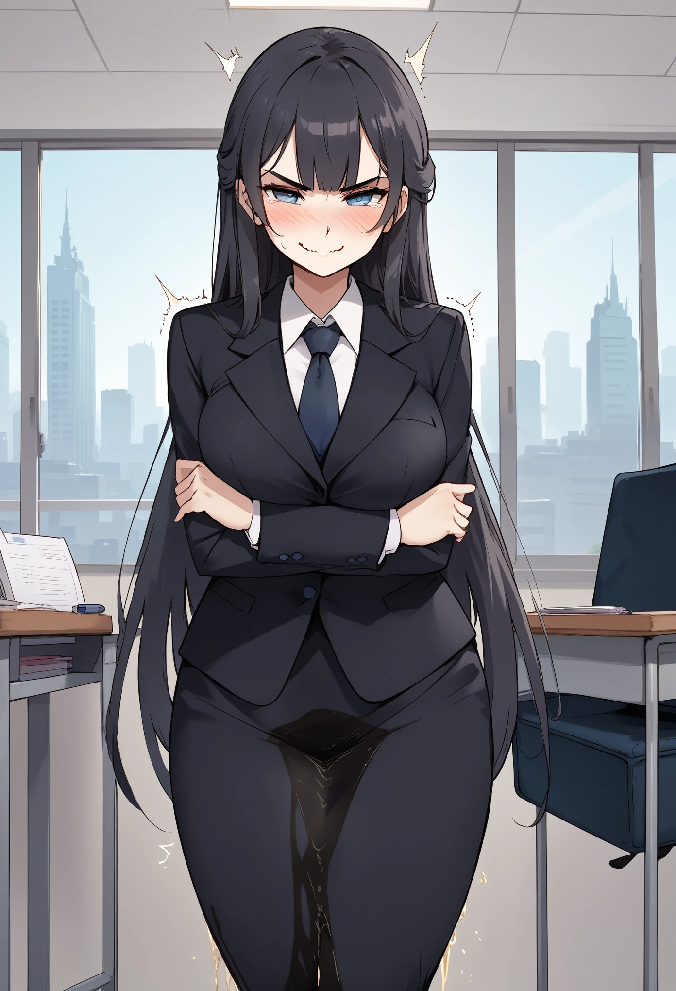 1girl, woman, (wetting self:1.75), desperation, (very long hair:1.5), straight hair, very long bangs, huge breasts, black hair, blue eyes, (black business suit:1.5), necktie, pencil skirt, pantyhose, (blushing:1.5), aroused, orgasm, (smirk:1.5), (wavy mouth:1.25), (tears:1.25), (trembling:1.5), (arms crossed:1.5), indoors, office, window, cityscape