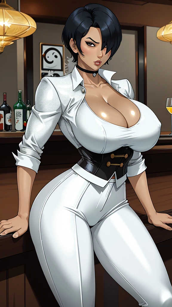 kiko, short hair, hair over one eye, asian, tanned skin, tanned, 35yo, mature woman, milf, serious, mad, dangerous, white female suit, cleavage, big breasts, suit pants, standing, serving drinks in a bar top of a casino, shiny design, cristal design, diamond pattern, elegant waitress