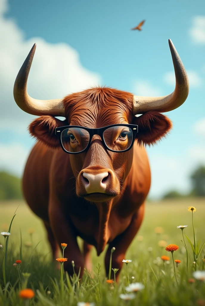 Photorealism,bull face,Big horns,eyeglasses,pug nose