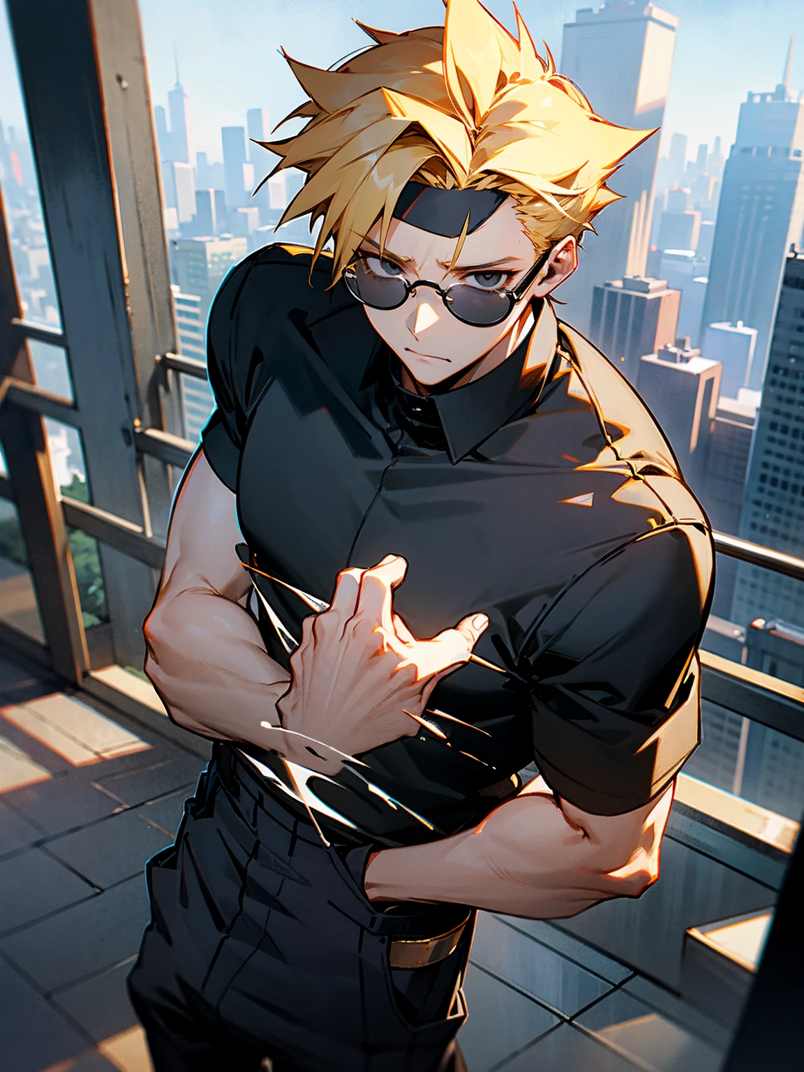1male, black shirt, blonde hair, black eyes, spiky hair, black baggy pants, city, crowded, glasses, facing viewer