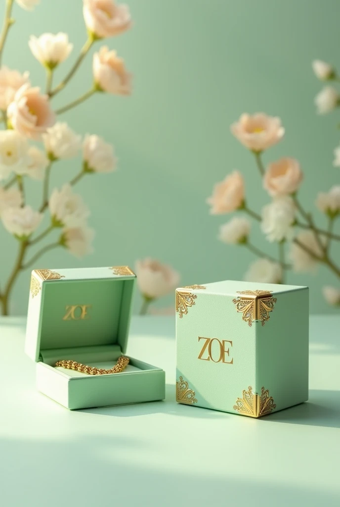 Create plain closed and open jewelry boxes in pastel golden and pistachio green with a chain inside featuring the name ZOE in Aire Bold font.