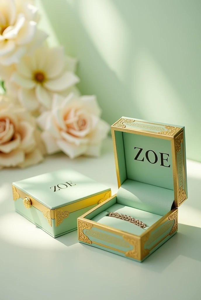 Create large jewelry boxes in pastel pistachio green, plain, closed and open, with a golden frame and a chain inside with the name ZOE in a serif italic font in golden color.