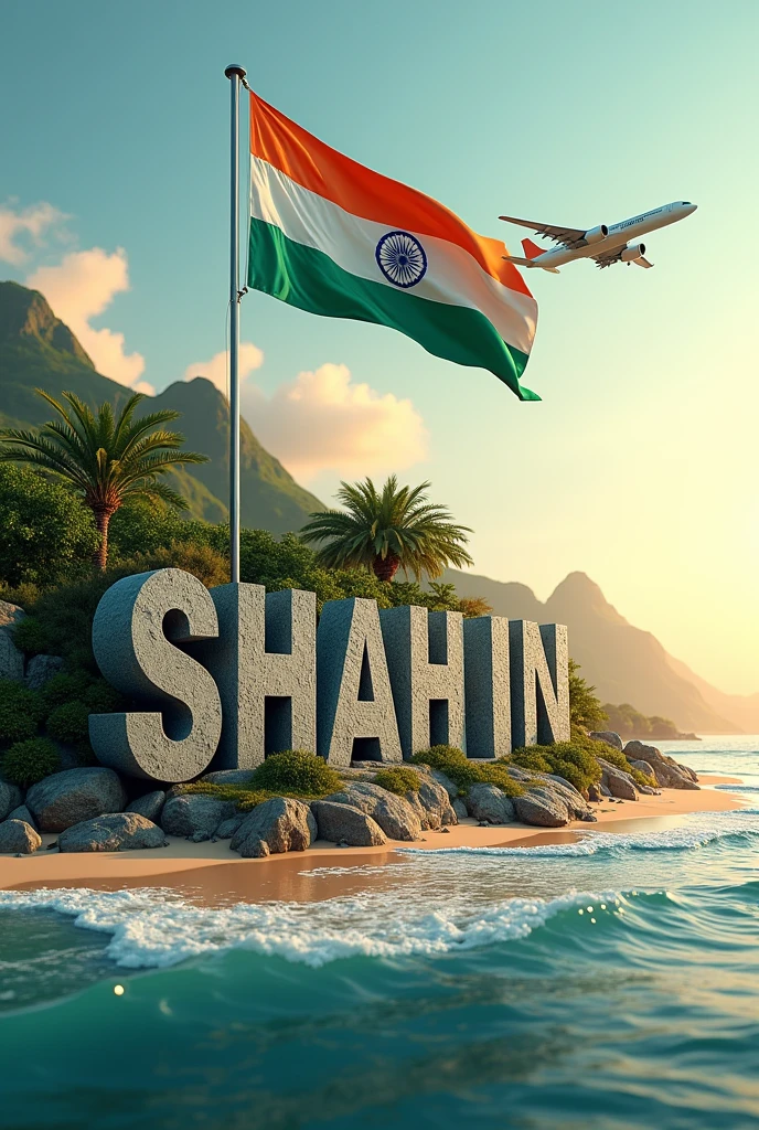 Name “SHAHIN” real 3D sea Island background with big Indian flag , stone text capital big aroplane, stone peal. stylish in front 3D rendering, typography, 3d render,  poster, fashion