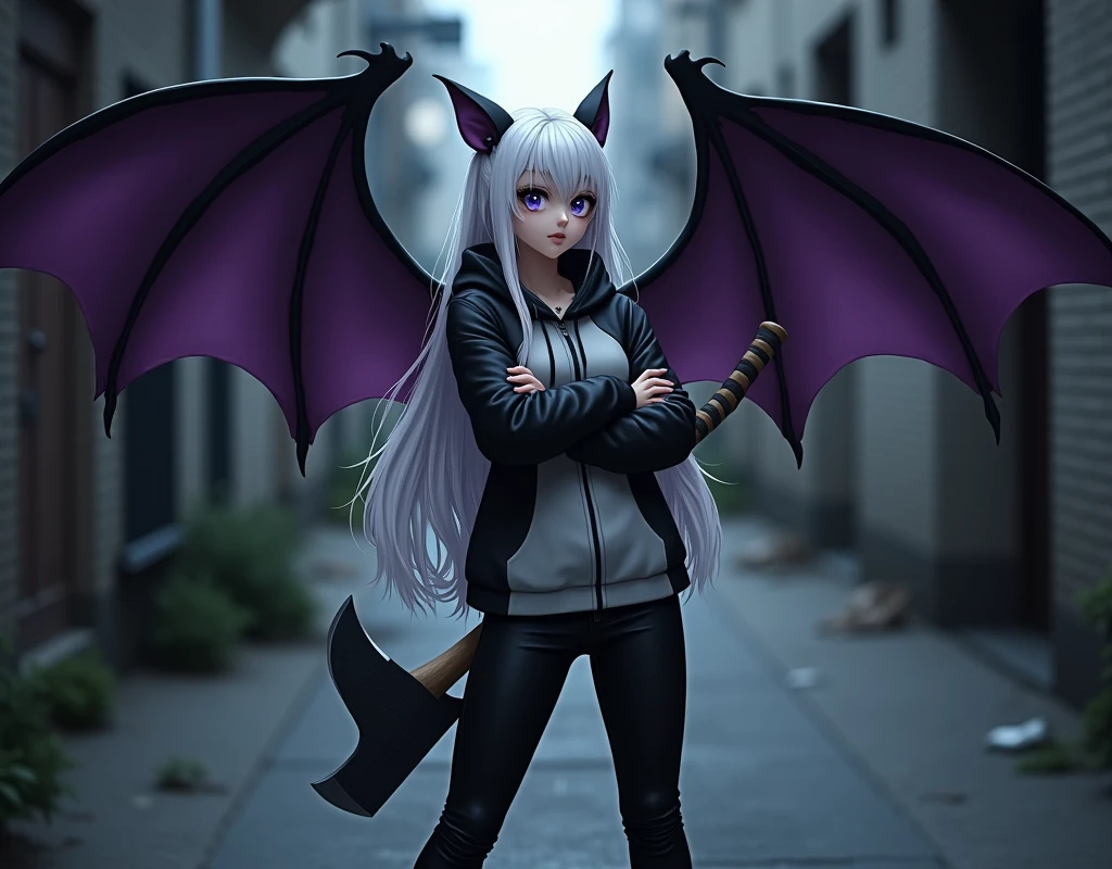 Yumi is a girl of average height, with long white hair, blue eyes and pale skin. She wears a black and gray hoodie on the sides, black pants and black shoes. Yumi has black bat wings with purple interior on her back, besides she has an axe at her waist. She is standing with her arms crossed and a serious expression on her face..