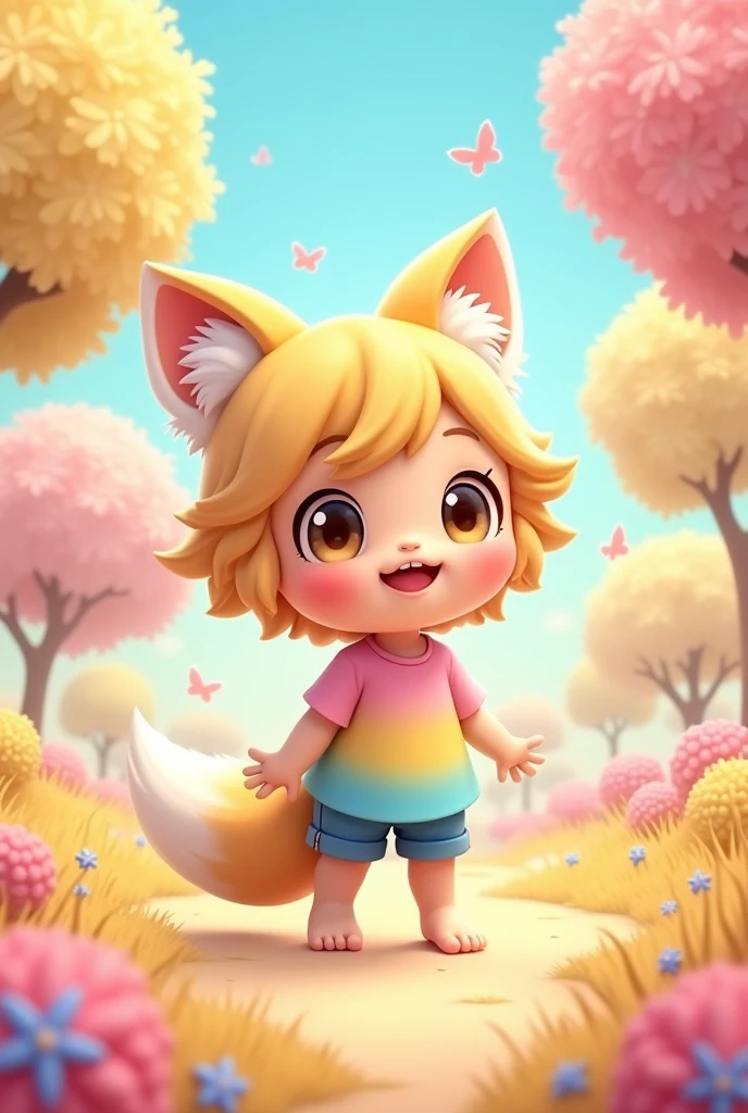 a cartoon 2d small chibi human girl ??? with a fox tail wearing a pink, yellow, and blue gradient shirt standing up. She's pantsless and bottomless, and her bare bottom is visible.