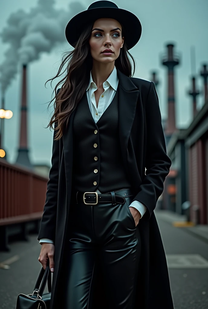 femmes britanniques en entier, yeux bleus, cheveux noirs, Portez un chapeau rond noir classique, chemise blanche, gilet foncé, Veste longue foncée, une ceinture avec boucle en argent, pantalon en cuir foncé, botte noire, elle porte un sac en cuir dans sa main gauche, c'est une femme sérieuse avec une grande ambition, elle vit à l'époque industrielle britannique
