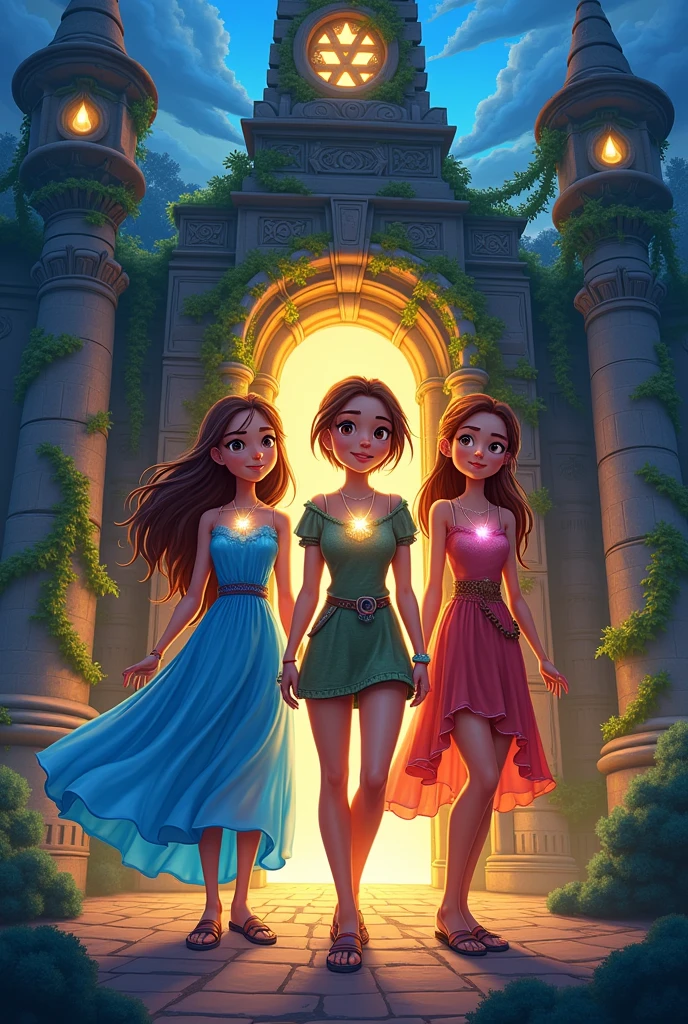 story covers with the title A MAGIC ADVENTURE with three girl friends , some magic necklaces and a temple that inside there is a magic portal
