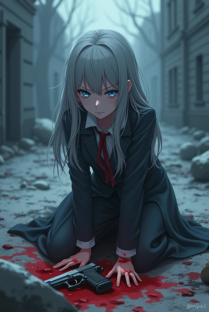 An 18-year-old anime girl with gray hair and blue eyes sits on her knees, crying over a slain man in front of her. Her hands are stained with blood, and a pistol lies discarded beside her. The background is hazy.