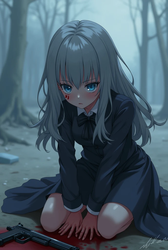 An 18-year-old anime girl with gray hair and blue eyes sits on her knees, crying over a slain man in front of her. Her hands are stained with blood, and a pistol lies discarded beside her. The background is hazy.