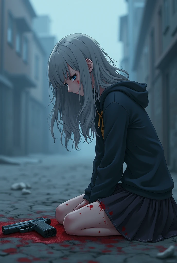 An 18-year-old anime girl with gray hair and blue eyes sits on her knees, crying over a slain man in front of her. Her hands are stained with blood, and a pistol lies discarded beside her. The background is hazy.