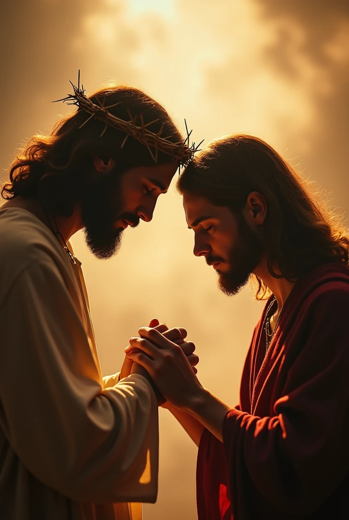 "A solemn image of Jesus Christ wearing a crown of thorns, gently placing His hand on the head of a person who is praying. The person is bowing their head in deep prayer, with a peaceful and reverent expression. Jesus exudes compassion and divine presence, and the background is softly lit, creating a warm and sacred atmosphere."