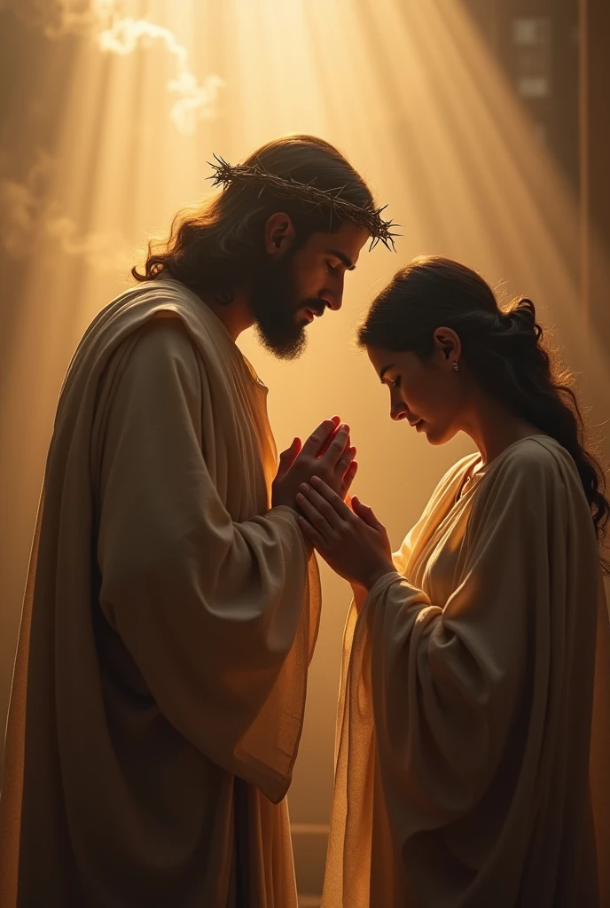 "A solemn image of Jesus Christ wearing a crown of thorns, gently placing His hand on the head of a person who is praying. The person is bowing their head in deep prayer, with a peaceful and reverent expression. Jesus exudes compassion and divine presence, and the background is softly lit, creating a warm and sacred atmosphere."