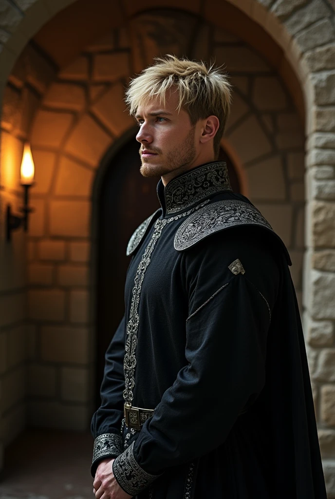 41 year old blond man in black medieval clothes and a big nose, tidy hair and serious expression on his face