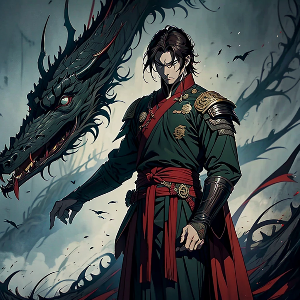 vampyre. naughty man. Youngh. dark green eyes . dark brown hair. stark. Cao Cao. Japanese Imperial General's uniform. standing alone. standing alone. alone.