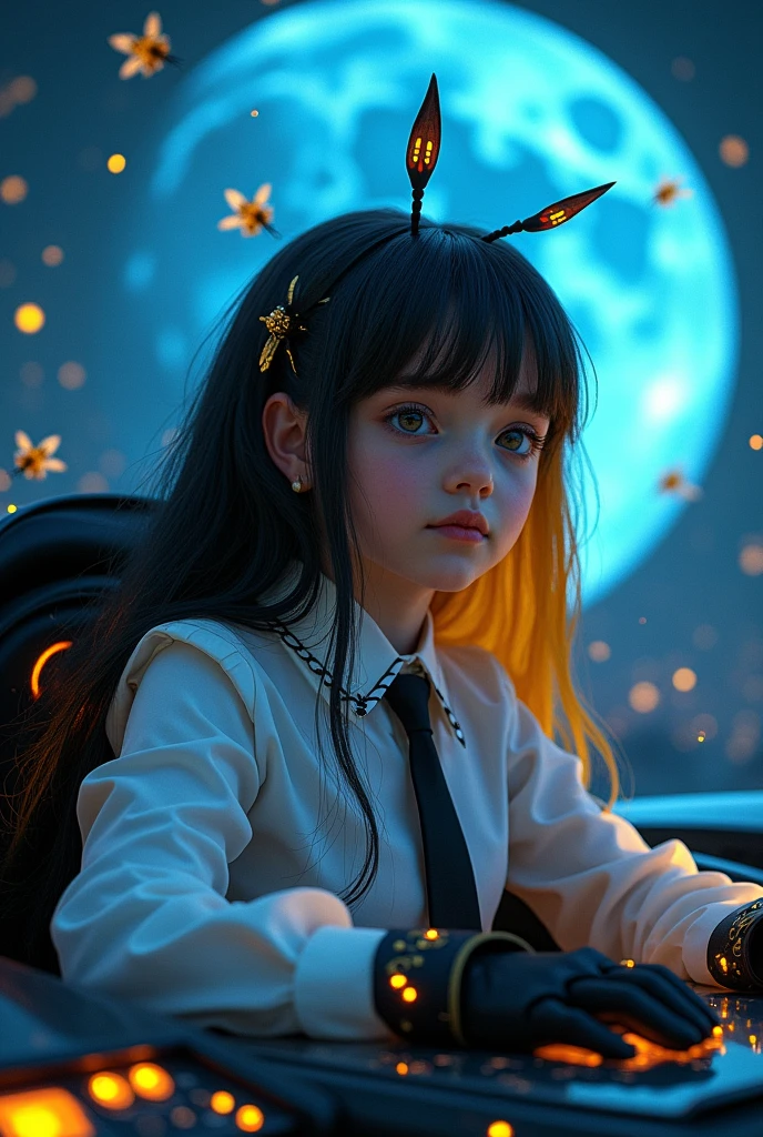 Girl with big black and blonde hair wearing a white blouse with a black tie and large black gloves with rings on her finger, luxury rings. She has a bee antenna. Inside a futuristic car. Background. : with a blue moon and many bees flying