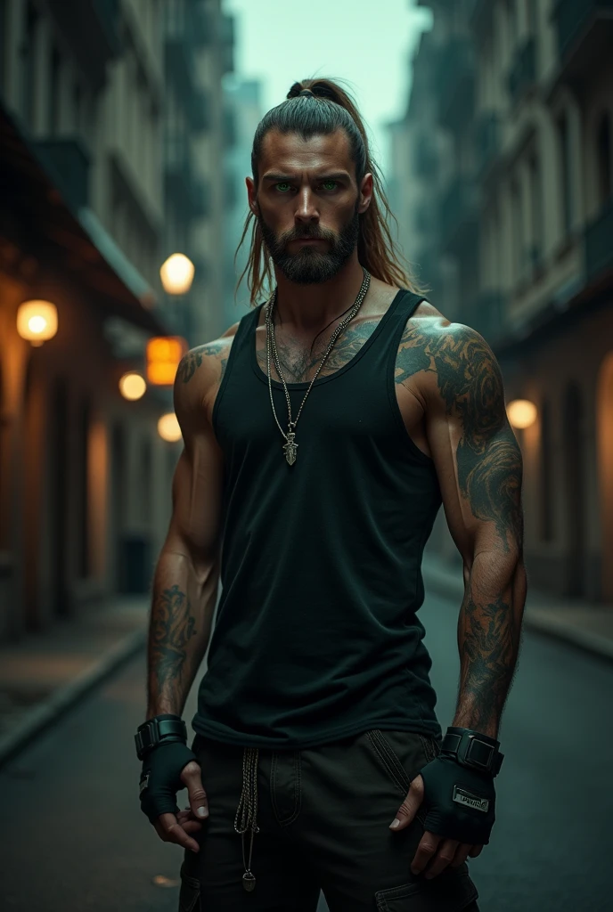 Muscular middle-aged man with goatee, long hair tied in a ponytail, green eyes, strong features and urban style clothing, moody and dramatic background, 8k, HDR, taken with an iPhone for instagram.