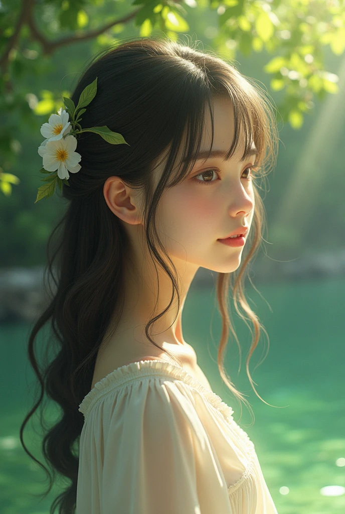 A girl with dark hair with white flowers in her hair, on a lake with green hues and sunlight filtering through the trees from behind, with flashes of light on the face