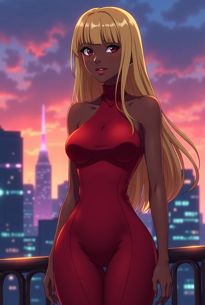 Black girl with straight blonde hair without bangs wearing a tight red dress., anime styling