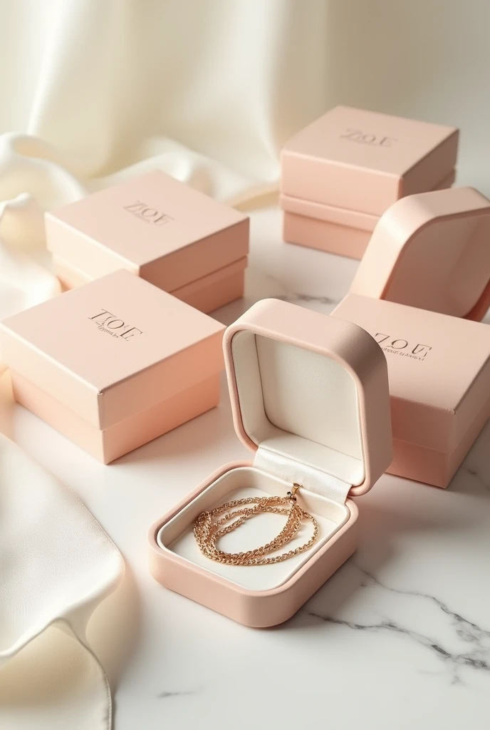 Create plain pastel gold jewelry boxes closed and open with chain inside with the name ZOE in Aire Serif font.
