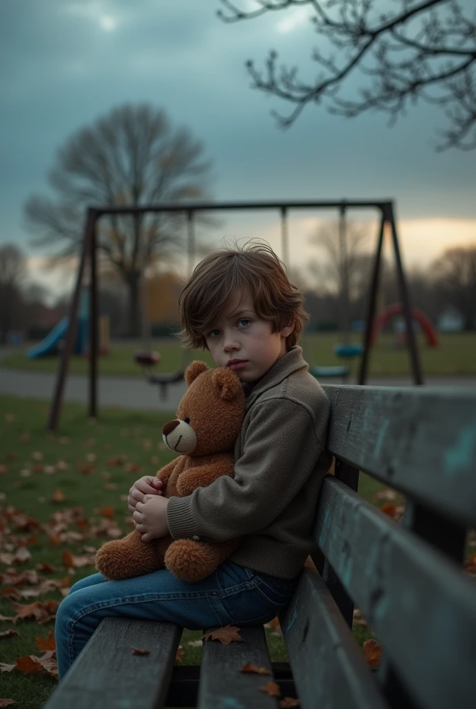 A solitary Justin Bieber, , sits forlorn on a deserted playground swing. His small frame is hunched, and tears glisten in his eyes. The once vibrant colors of the playground seem muted, mirroring the melancholy in his heart.
