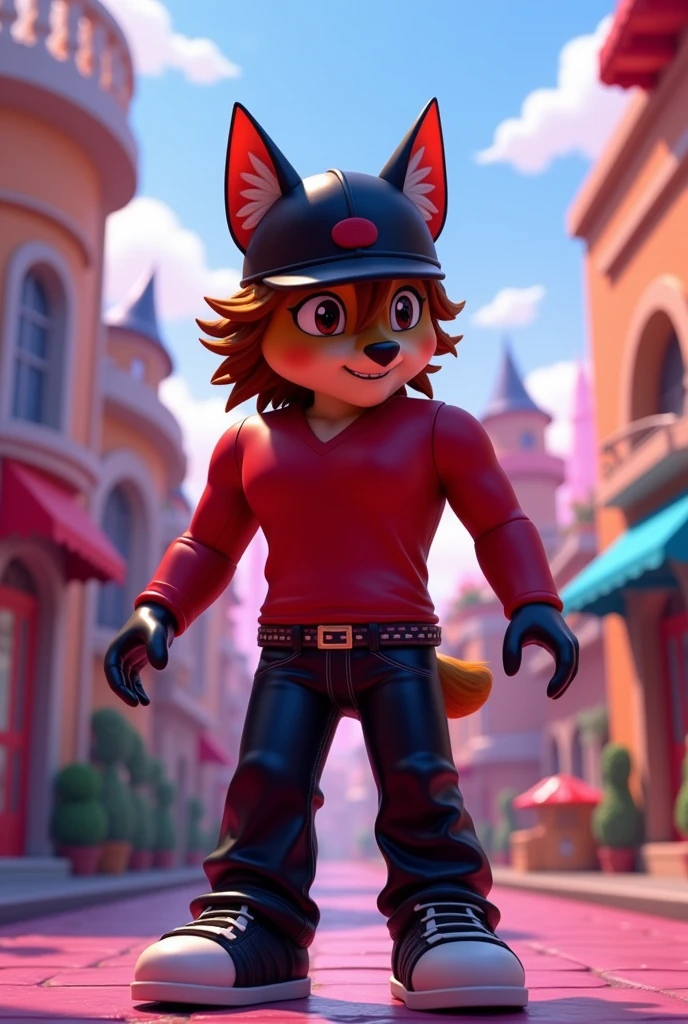 Cool red shirt and balck pants and black and red cap Roblox Caracal playing a roblox game
