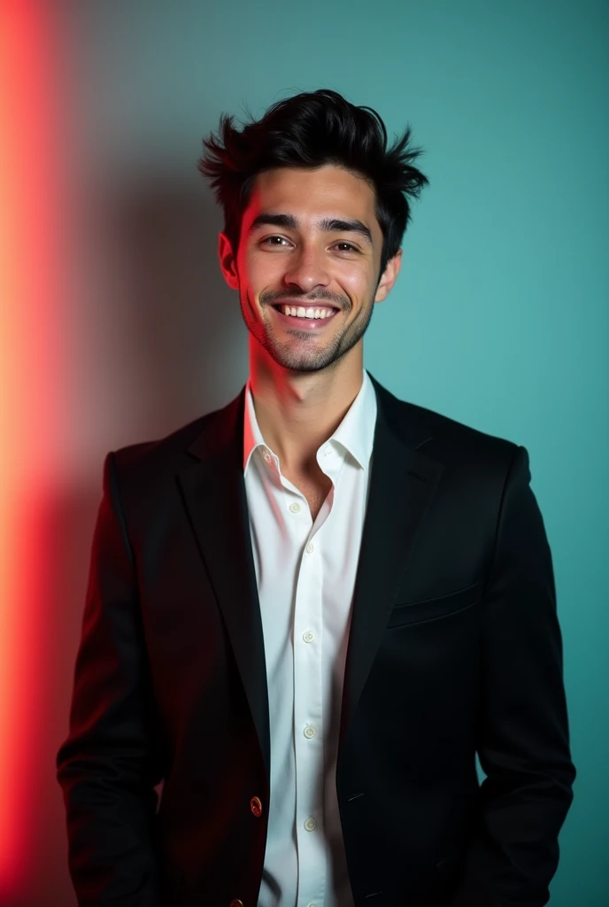 A young man with dark hair and a confident smile.G He is dressed in a black blazer over a white shirt. The man is positioned against aqua colour backdrop with a subtle red lighting on the left side.and he posing for LinkedIn profile