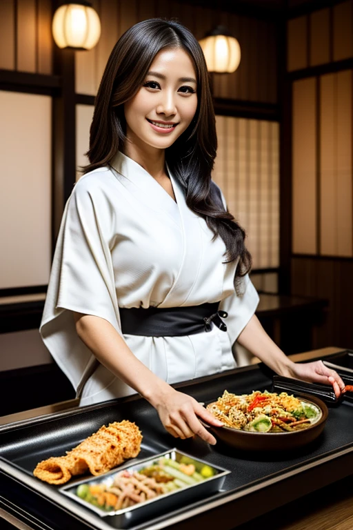 (Consciousness upward), (High resolution), (8k), (Very detailed), (The best Consciousness upward ), (Highest quality), (Very detailed), (masterpiece), ((Curvaceous physique)),(cowboy shot), employee of Japanese bar, a beautiful woman, ((serving drink and foods on a tray:1.4)), inside the open kitchen of  Japanese style bar called "izakaya", from above, (bobbed hair:1.3), wearing  a Kimono. around 28years old. ((A gentle smile filled with love)),