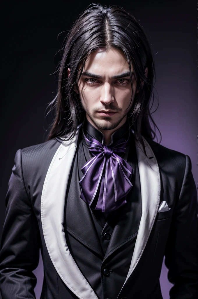black background, in the center a prominent chin and brutish features man character with long white dreadlock hair, soft strokes, no beard thick bleueyes, expressive and sarcastic look wearing a tailcoat with a sparkling glowing violet gamma cross on the chest , a violet sign in gothic style ((minimaliost)) ((4k)) ((hyperealistic))