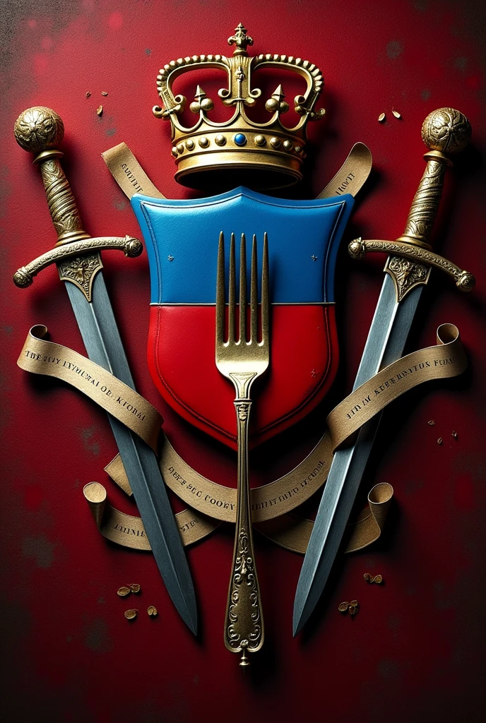 Red and blue coat of arms with swords behind the shield, A fork in front, and around the shield written "Virtue Truth Loyalty Altruism Fraternity Perfection Goodness Conscience Happiness Efficiency Purity".
