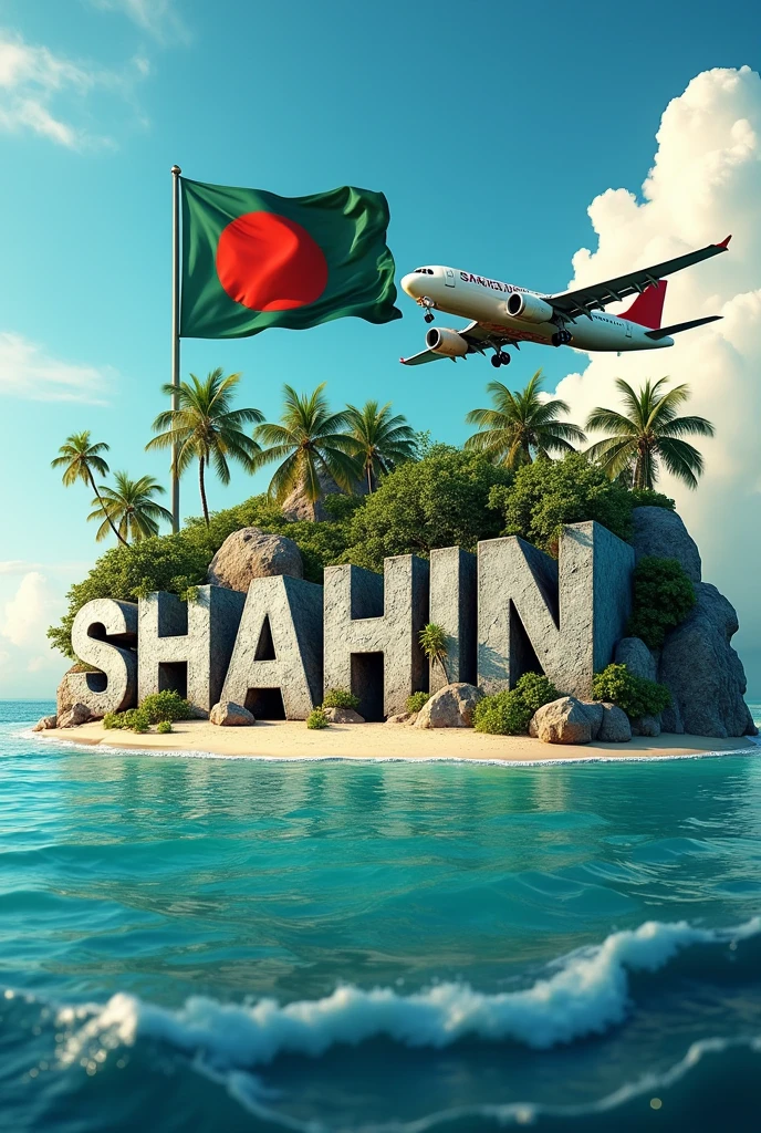 Name “SHAHIN” real 3D sea Island background with big Bangladesh flag , stone text capital big aroplane, stone peal. stylish in front 3D rendering, typography, 3d render, poster, fashion