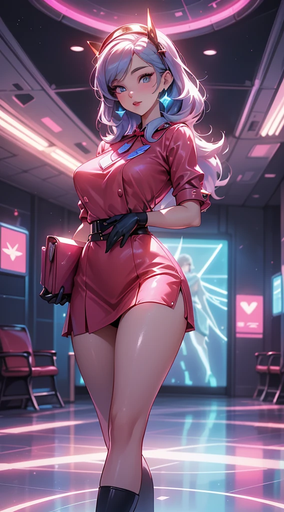 posterior view, Back picture,Ariana Grande stewardess wears short blue stewardess micro skirt, Flight attendant costumeoeing aircraft interior ) ((perfect female shape)),More detailed 8K.unreal-engine:1.4,hyper HD,Best quality:1.4, (NFSW), skin texture:1.4, tmasterpiece:1.8,tmasterpiece, Best quality at best,Object object], huge breasts, (detailedfacialfeatures:1.3),((the right proportions)),(Convex camel toe),(Beautiful eyes azulelue lingerie stewardess ),(Stewardess red skirt:1.4) ), (Stewardess:1.4),( Realistic lighting from the 1950s:1.4), Realistic background, Black fishnet crotchless jumpsuit,(beautiful russian stewardess:1.2), (Inside the aircraft:1.4),(Neon pink background )