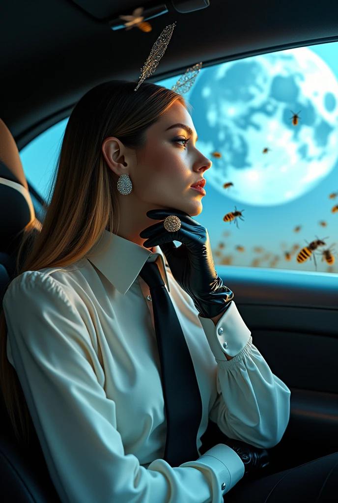 Woman with long black and blonde hair wearing a white blouse with a black tie, large black gloves with rings on her fingers, luxury rings. She has a bee antenna. 
 Inside a futuristic car.
 Background : with a blue moon and many bees flying