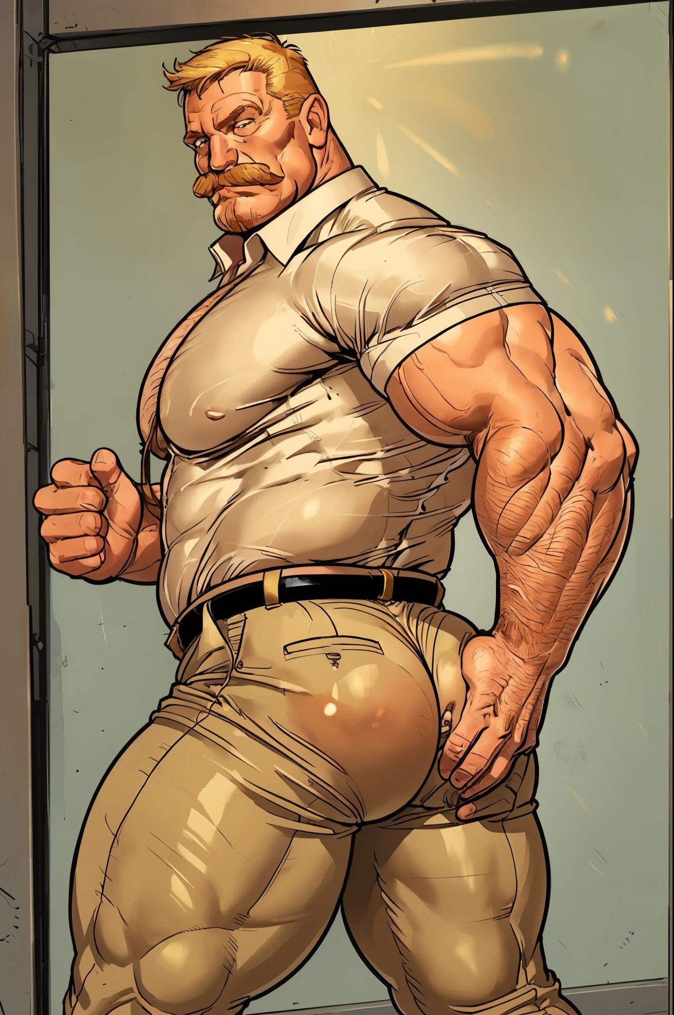age 60, white man police detective with a mature, backside, kind demeanor, strong and muscular yet chubby build, mustache, wearing dress pants and a buttoned-open translucent shirt that reveals a hairy chest and a noticeable bulge, wearing detective badge on belt, giving off a hint of a horny yet disgusting aura, completing the look with comfortable loafers. Shirtless backside ((big butt)) gold trouser backside (bent over)