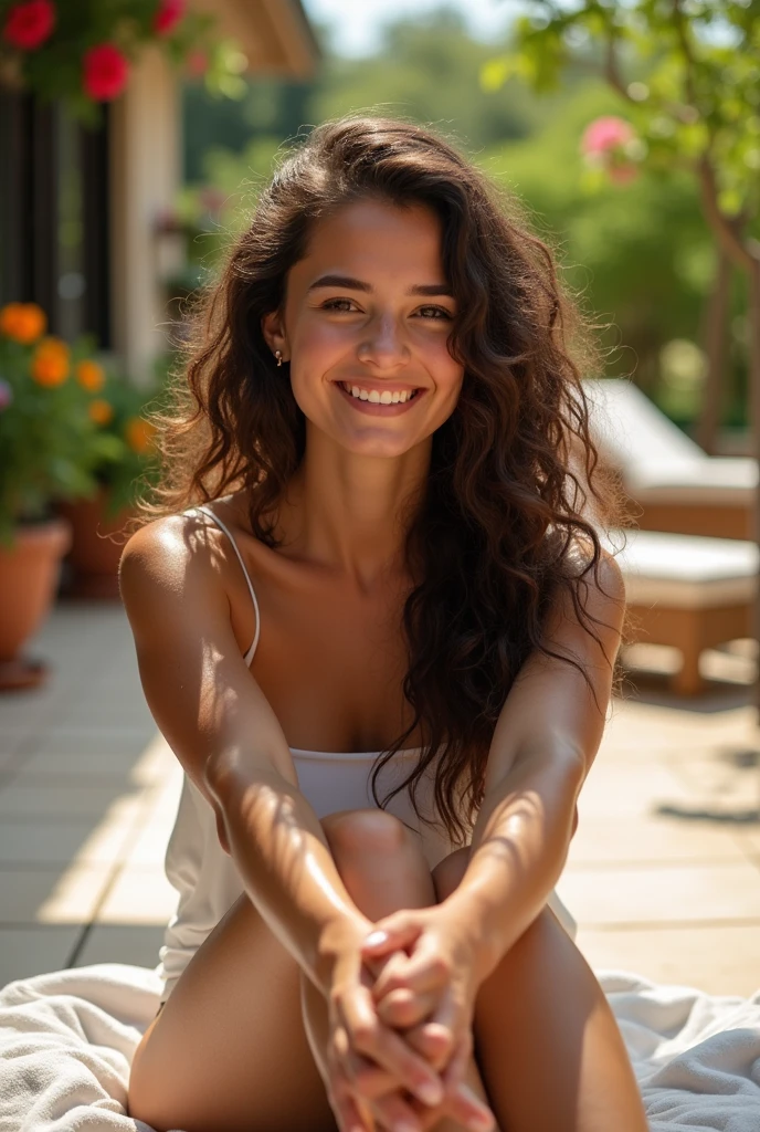 A brunette girl with curly hair and big breasts sits with her legs stretched out, taking a realistic photo