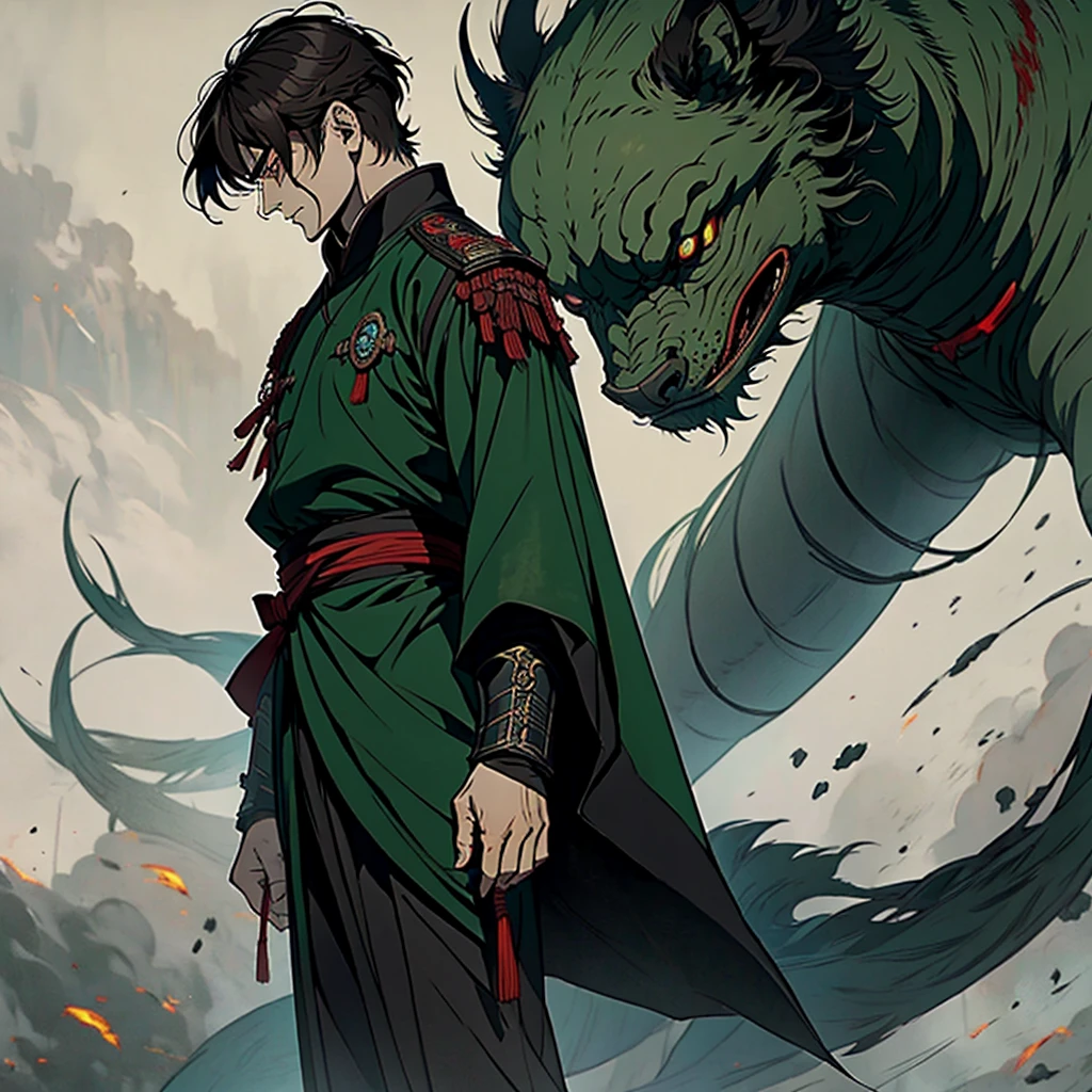 vampyre. naughty man. Youngh. dark green eyes  . short dark brown hair. stark. Cao Cao. Japanese Imperial General's uniform. standing alone. standing alone. alone.