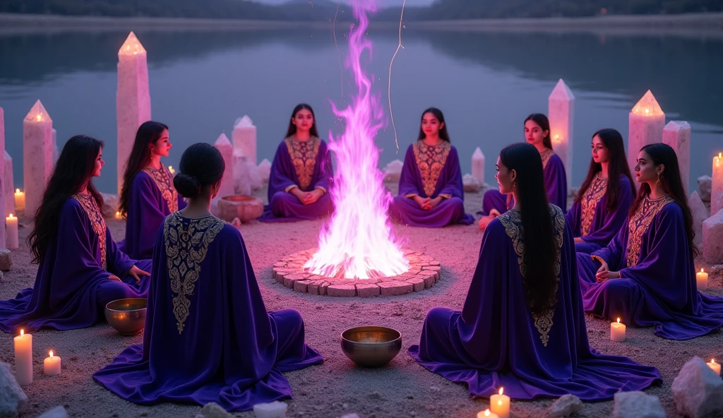 a dozen white, black, Indian women with exquisite violet velvet cloaks with golden threads of priestesses, and the arrangement of golden threads in the head, around a fireplace with violet fire, in a large room, convey depth, many plants, tall crystals, Tibetan singing bowls, burning candles