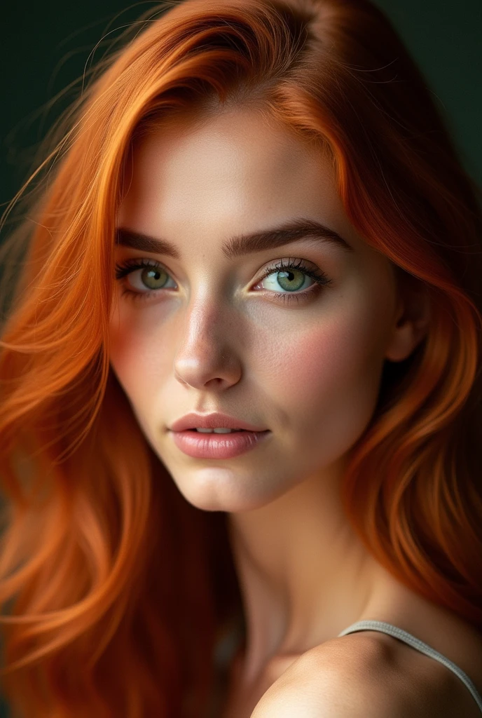 Imagine a woman with a face that exudes a striking and captivating beauty. Her eyes are a vivid, enchanting green, like emeralds glistening in the sunlight, with a depth that draws you in. They are framed by long, dark lashes that accentuate their brilliance. Her skin is maches the hair, with a soft, flawless complexion that gives her an ethereal, almost delicate appearance.
Her hair is a rich, fiery red, cascading down in soft, loose waves that catch the light and seem to shimmer with every movement. The red tones contrast beautifully with her fair skin and make her green eyes stand out even more. Her eyebrows are perfectly arched, matching the hue of her hair, and add a sense of balance and symmetry to her face.
Her lips are full and naturally rosy, curving into a gentle, inviting smile that radiates warmth and kindness. Her cheekbones are high and well-defined, adding a sense of structure and elegance to her face. The overall effect is one of stunning, timeless beauty, a face that you would remember and admire long after seeing it.r,