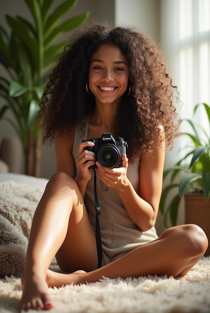 A brunette girl with curly hair and big breasts sits with her legs stretched out, taking a realistic photo