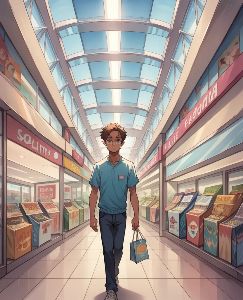 Create a realistic watercolor painting with pronounced black marker sketches of Skylina and Gabriel at a shopping mall. Skylina has slightly curly silver-white long hair, turquoise blue eyes, and a casual expression. Gabriel, an African young man, has very short hair, brown eyes, and wears eyeglasses, and he too has a casual, relaxed expression. The painting should capture them walking together, with various shops, people, and mall details in the background, highlighting the busy and colorful atmosphere of a shopping mall.