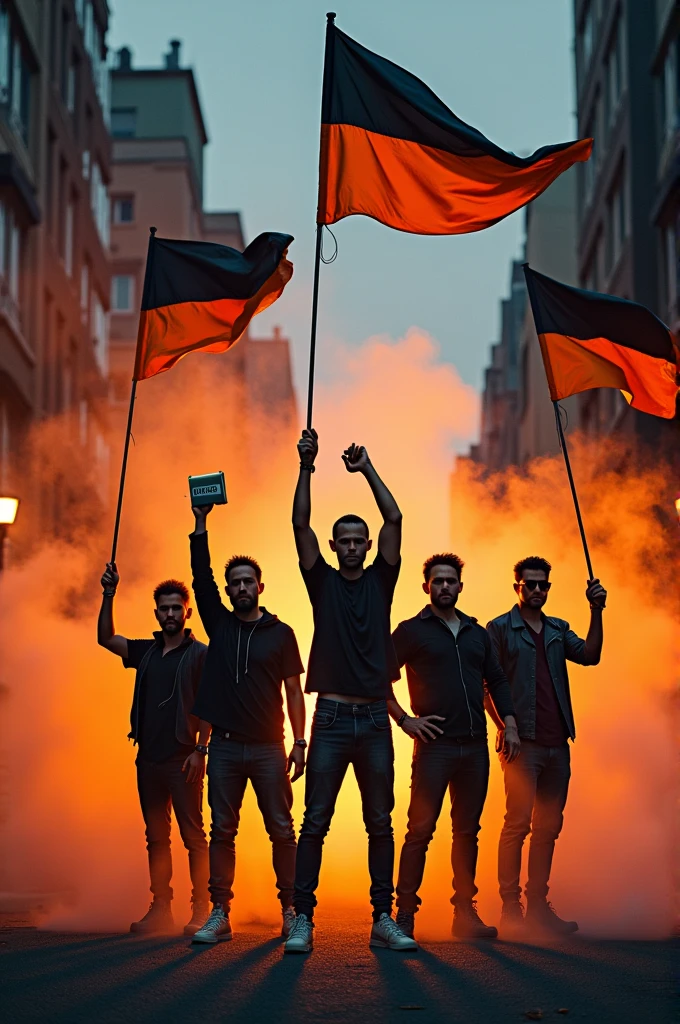 Take a photo with characters holding batteries and holding black and orange flags, and with black and orange smoke effect  