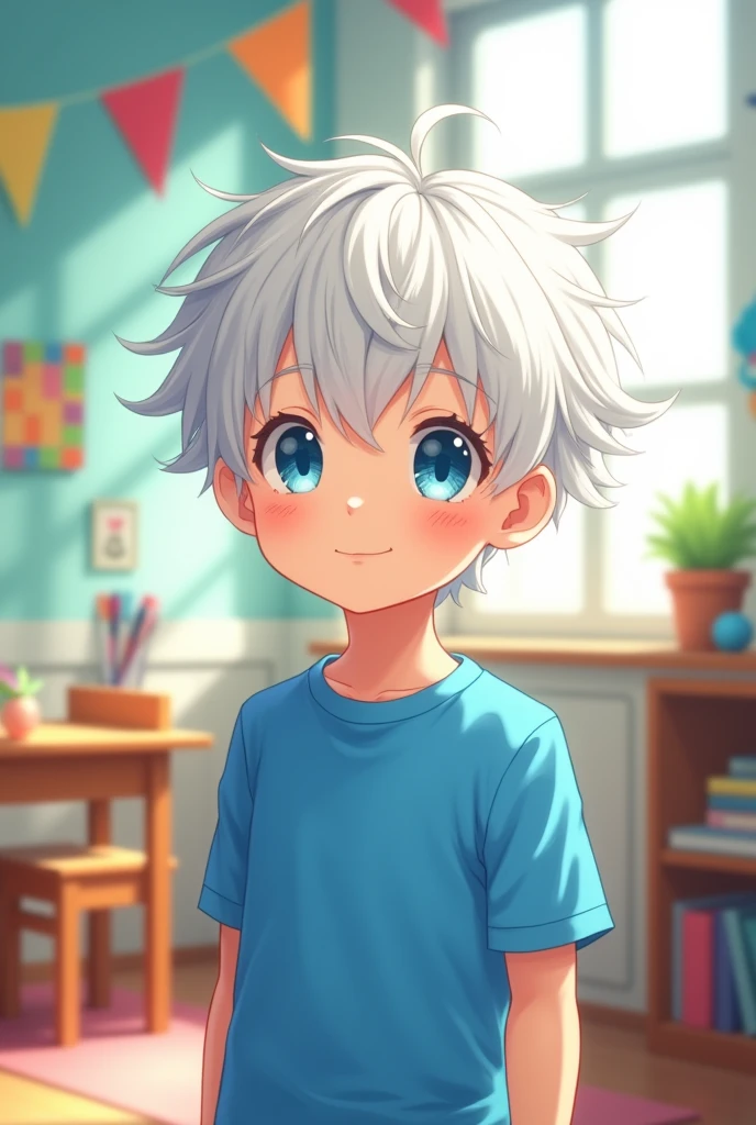 Make an image: Make a white-haired, white-skinned child, blue eyes and Japanese descent, anime boy wearing a blue shirt, a 2-year-old child at school