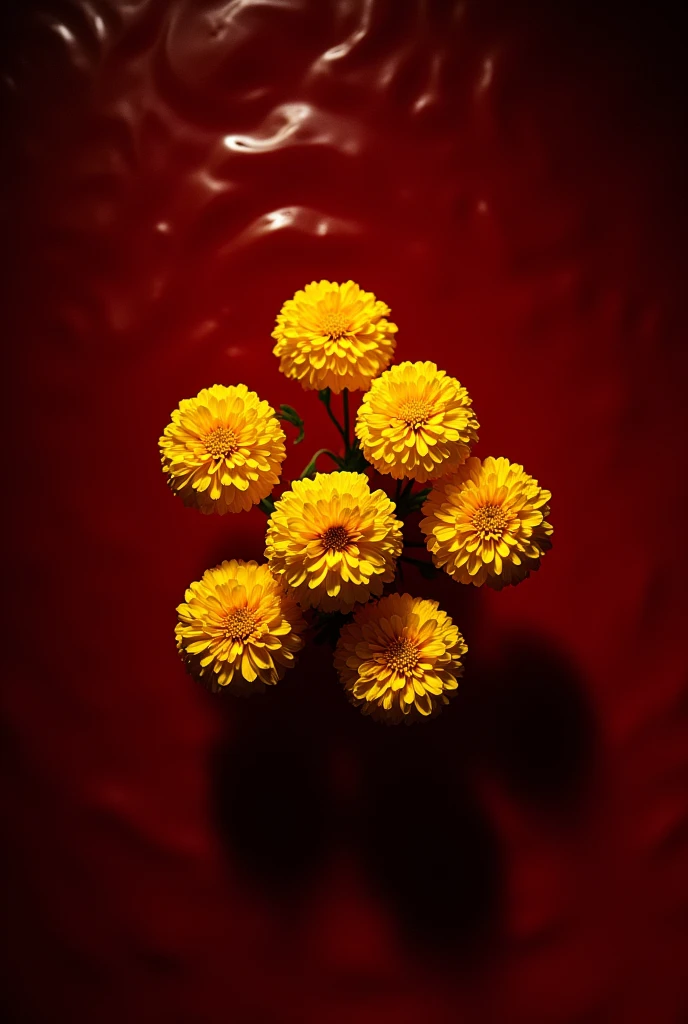 Seven yellow marigolds in a pool of blood. view from above.