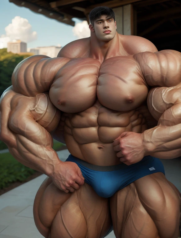 1boy, giant, asian, solo, giant bodybuilder, golden hour, strong body, bulk, large size, standing and leaning on any wall, outdoor, nude, blue triangular underwear with enormous bulge, extraordinary big, brutalmass, giant muscular body, bulk, buff, massive body, large meaty body size, extremely wide body, tallest body