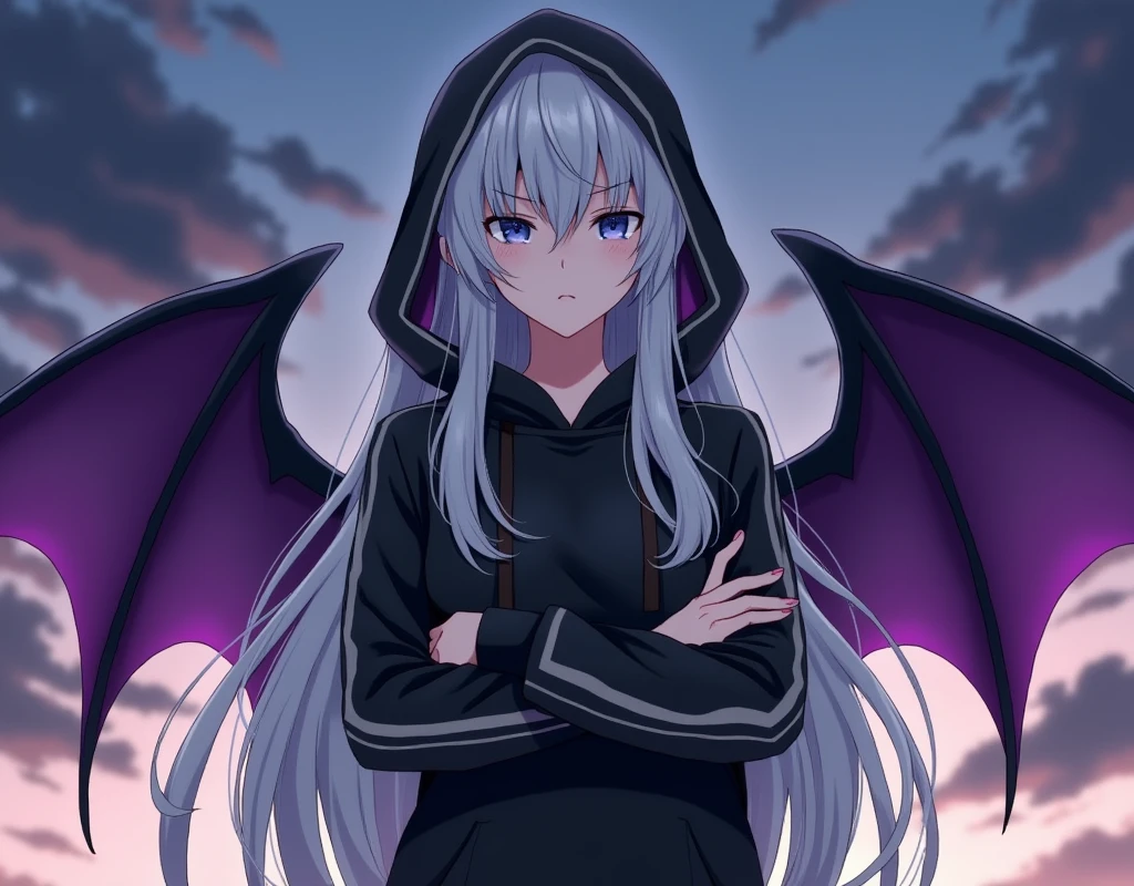 Yumi is a girl of average height, with long white hair, blue eyes and pale skin. She wears a black and gray hoodie on the sides, black pants and black shoes. Yumi has black bat wings with purple interior on her back. She is standing with her arms crossed and a serious expression on her face..
